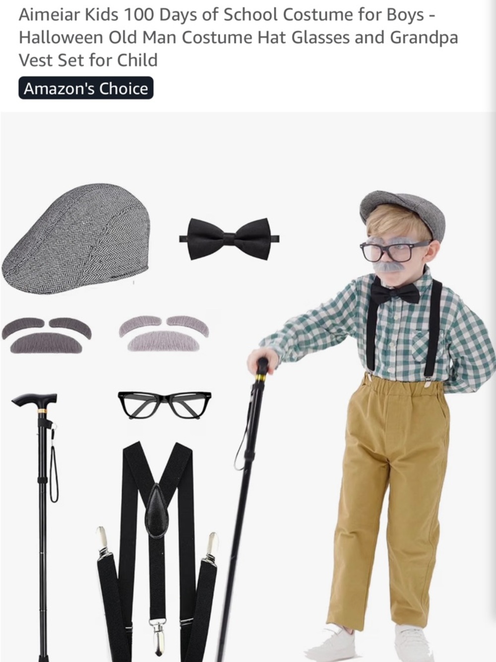 Kids Grandpa Costume Accessory Set - Gray Hat, Black Bow Tie & Suspenders